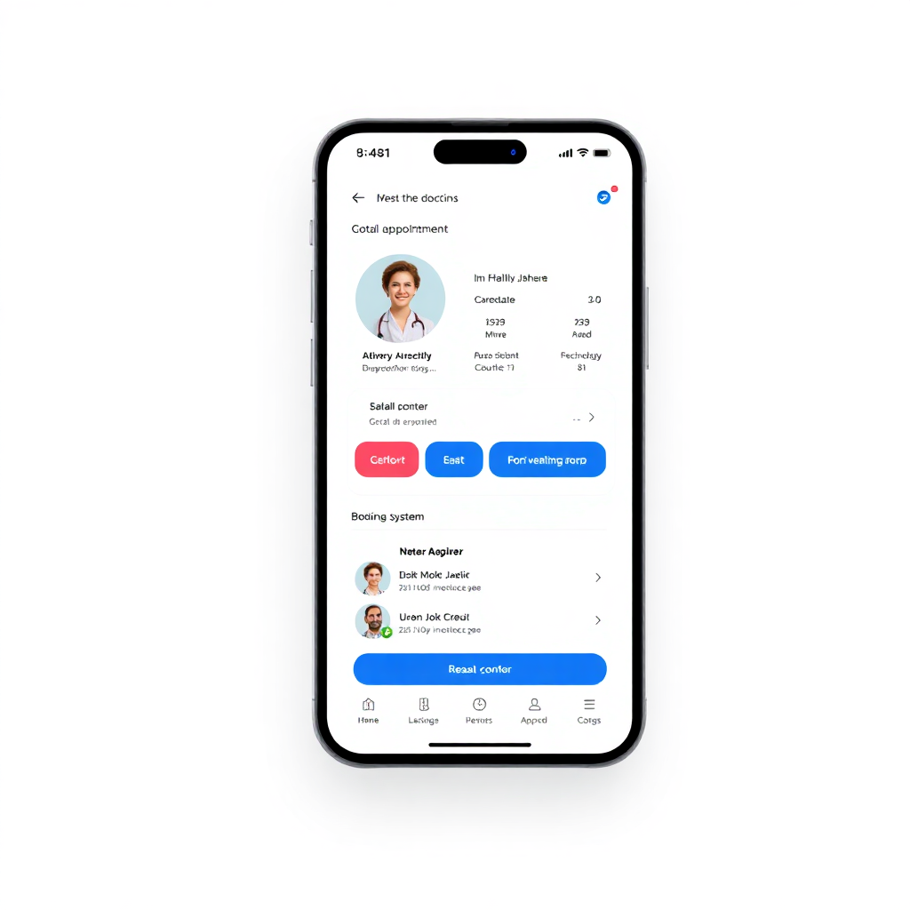 Healthcare appointment mobile app interface with doctor profiles and booking system