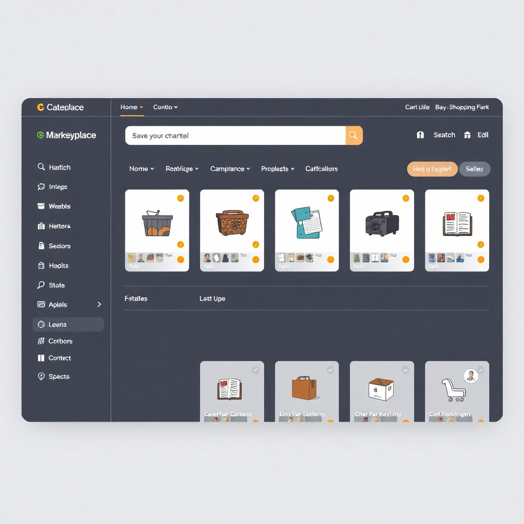 Modern e-commerce marketplace interface with shopping cart and product listings